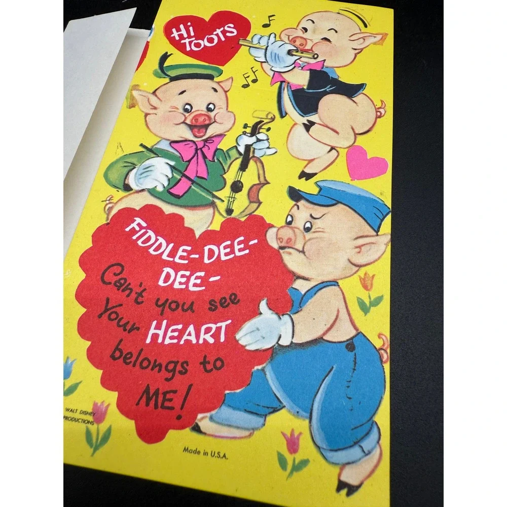 Vintage Walt Disney Valentine Card Three Little Pigs Fiddle-Deqe 1960‎ Envelope